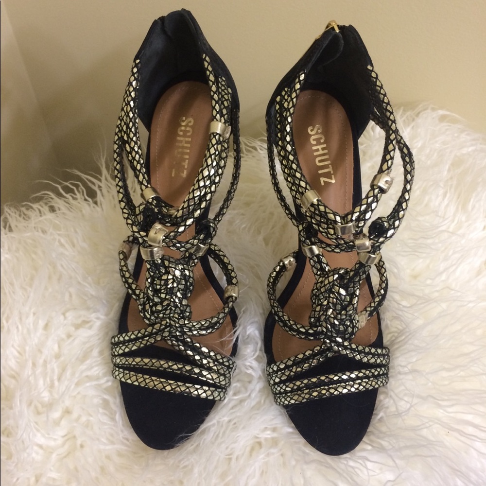 Schutz Sandals -size 10 -Black Suede and Foil